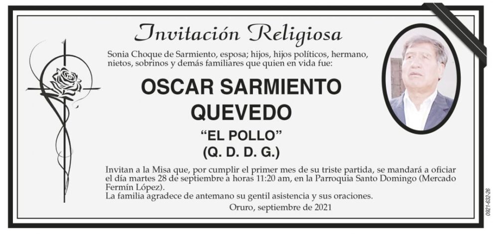 Invitación religiosa para Oscar Sarmiento Quevedo