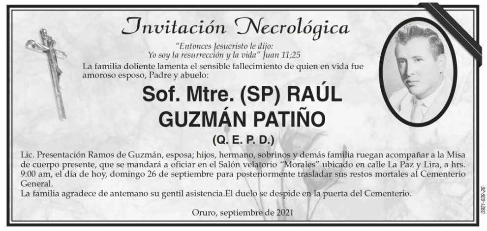 Invitación Necrológica Raúl Guzmán Patiño