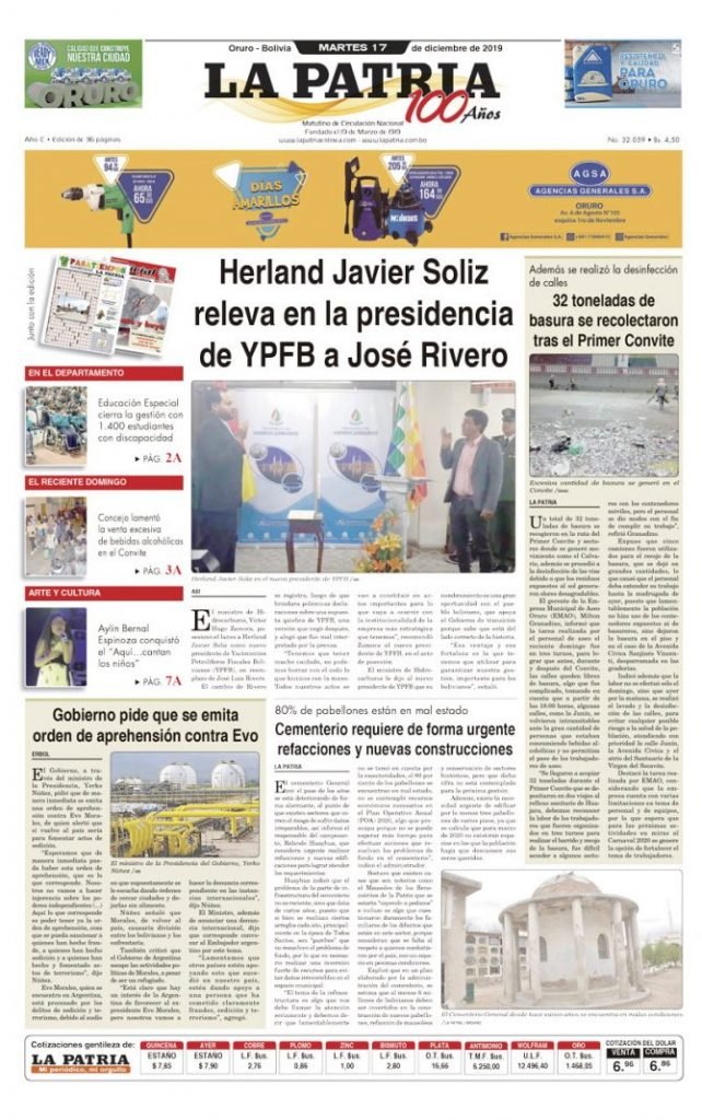 Portadas impresas del periódico La Patria