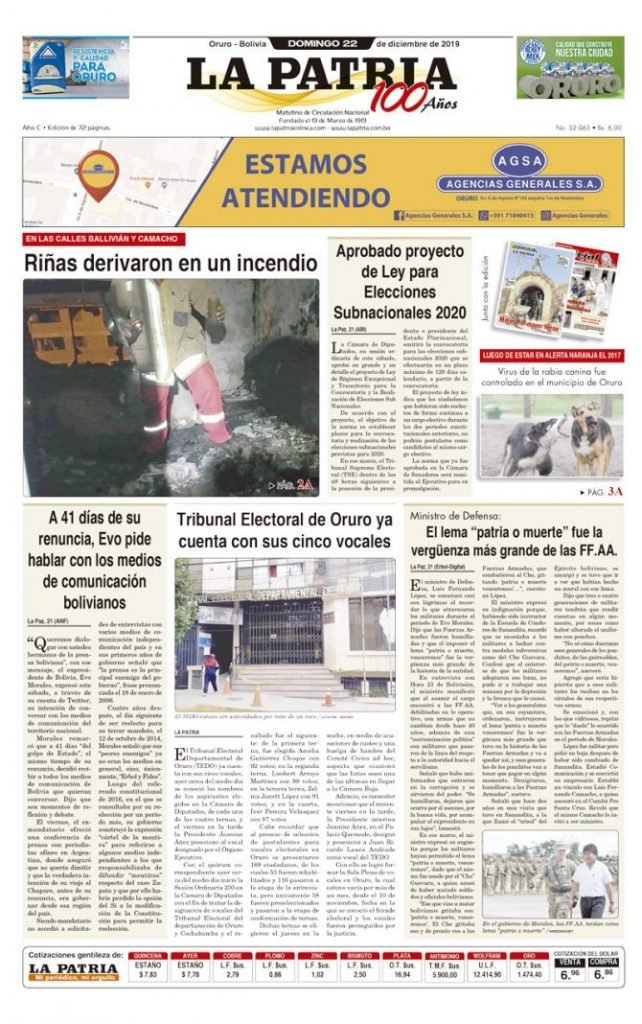 Portadas impresas del periódico La Patria