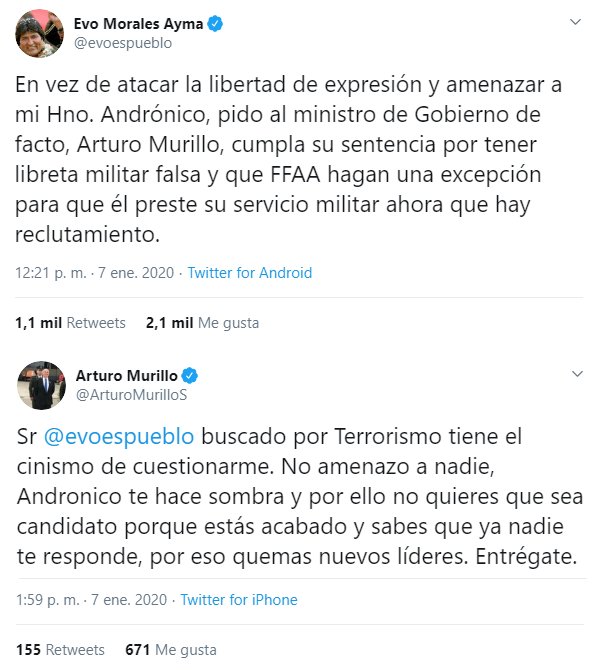 Evo Morales y Arturo Murillo se enfrentan en Twitter