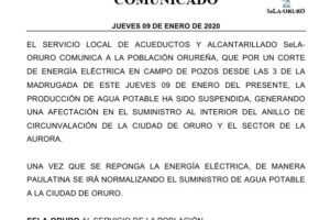 Corte de electricidad afecta suministro de agua en Oruro