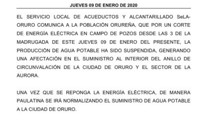 Corte de electricidad afecta suministro de agua en Oruro