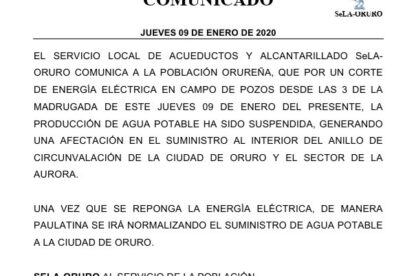 Corte de electricidad afecta suministro de agua en Oruro