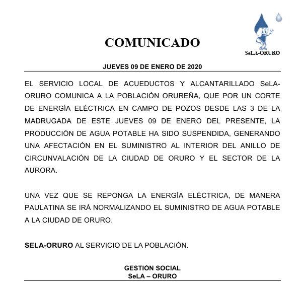 Corte de electricidad afecta suministro de agua en Oruro