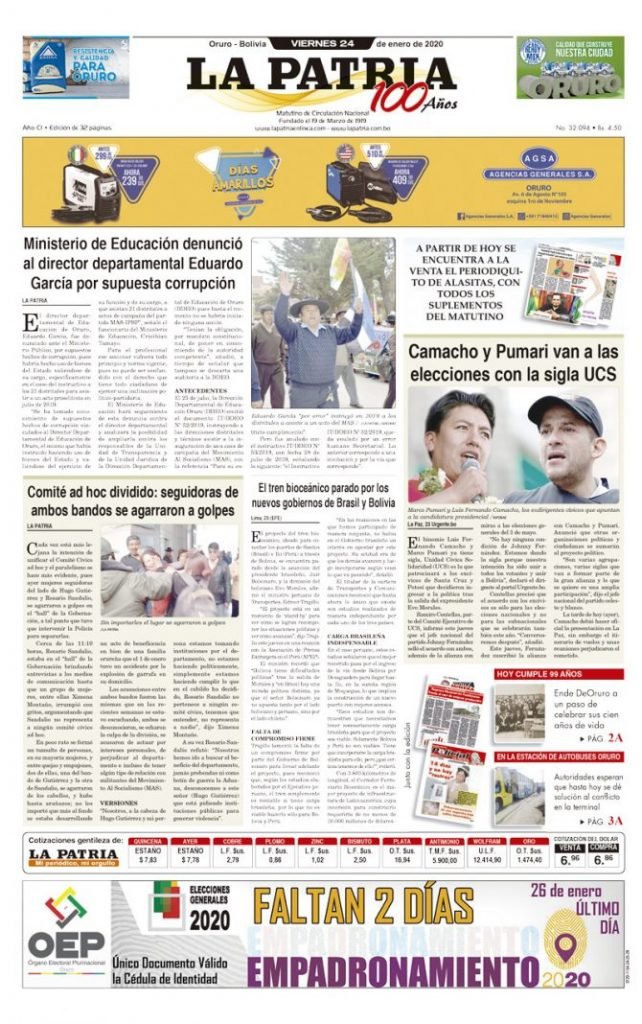 Portadas impresas del periódico La Patria