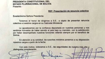 Renuncia colectiva de ministros a Jeanine Áñez