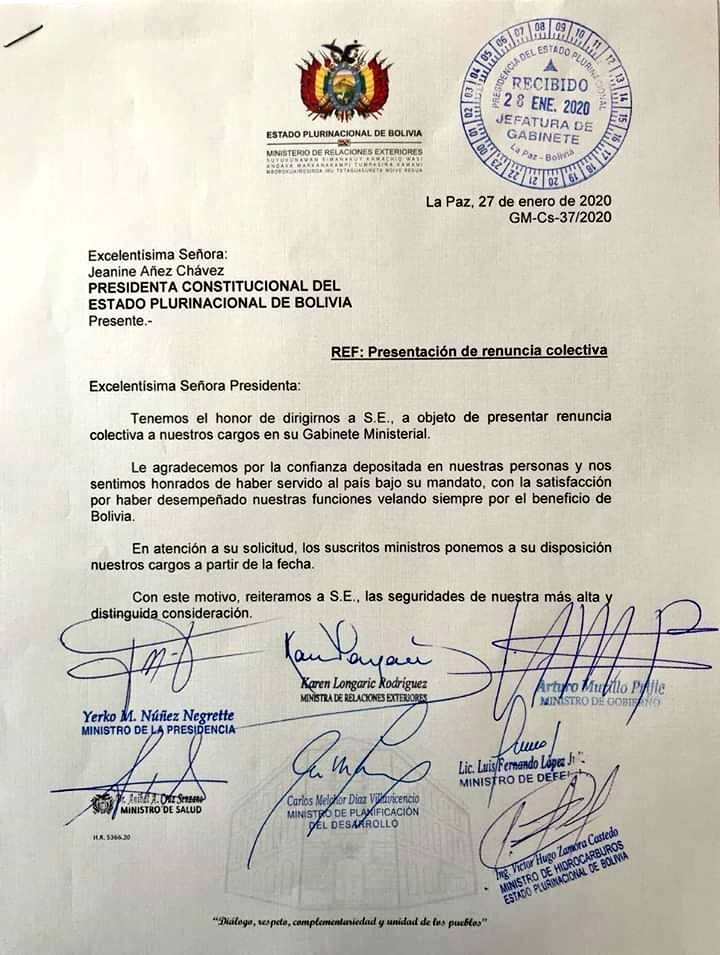 Renuncia colectiva de ministros a Jeanine Áñez