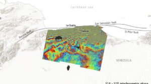 Imagen tomada del satélite Sentinel-1 de la NASA que muestra el desplazamiento del terreno tras los terremotos en Venezuela