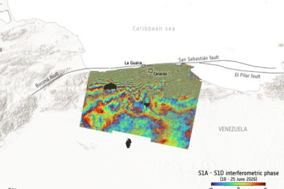 Imagen tomada del satélite Sentinel-1 de la NASA que muestra el desplazamiento del terreno tras los terremotos en Venezuela