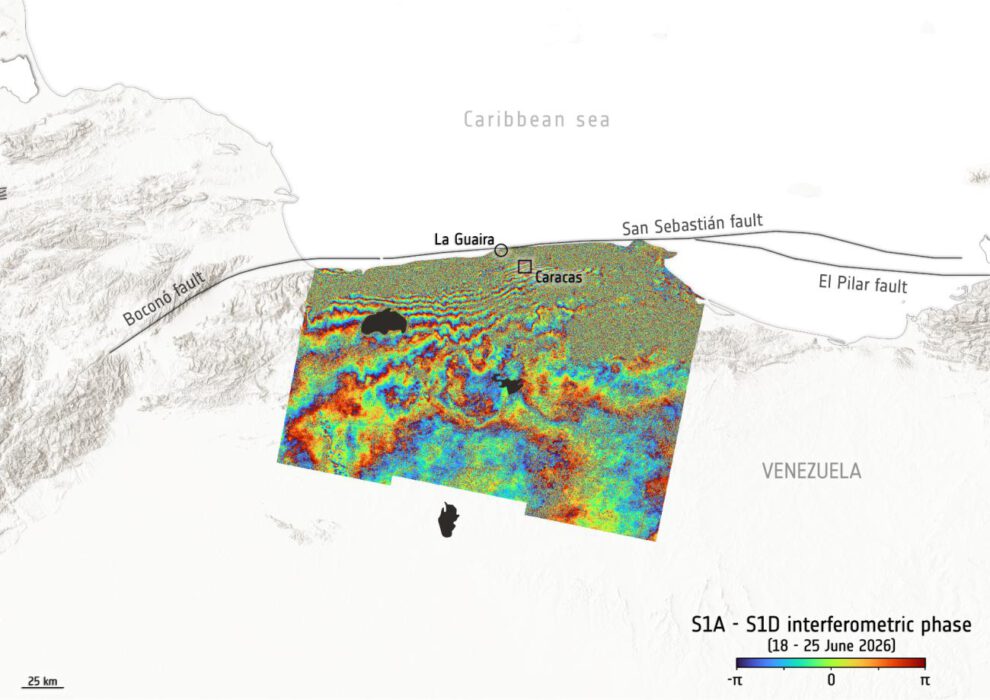 Imagen tomada del satélite Sentinel-1 de la NASA que muestra el desplazamiento del terreno tras los terremotos en Venezuela