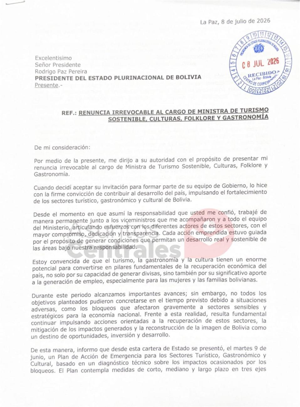 Carta de renuncia de Cinthya Yañez