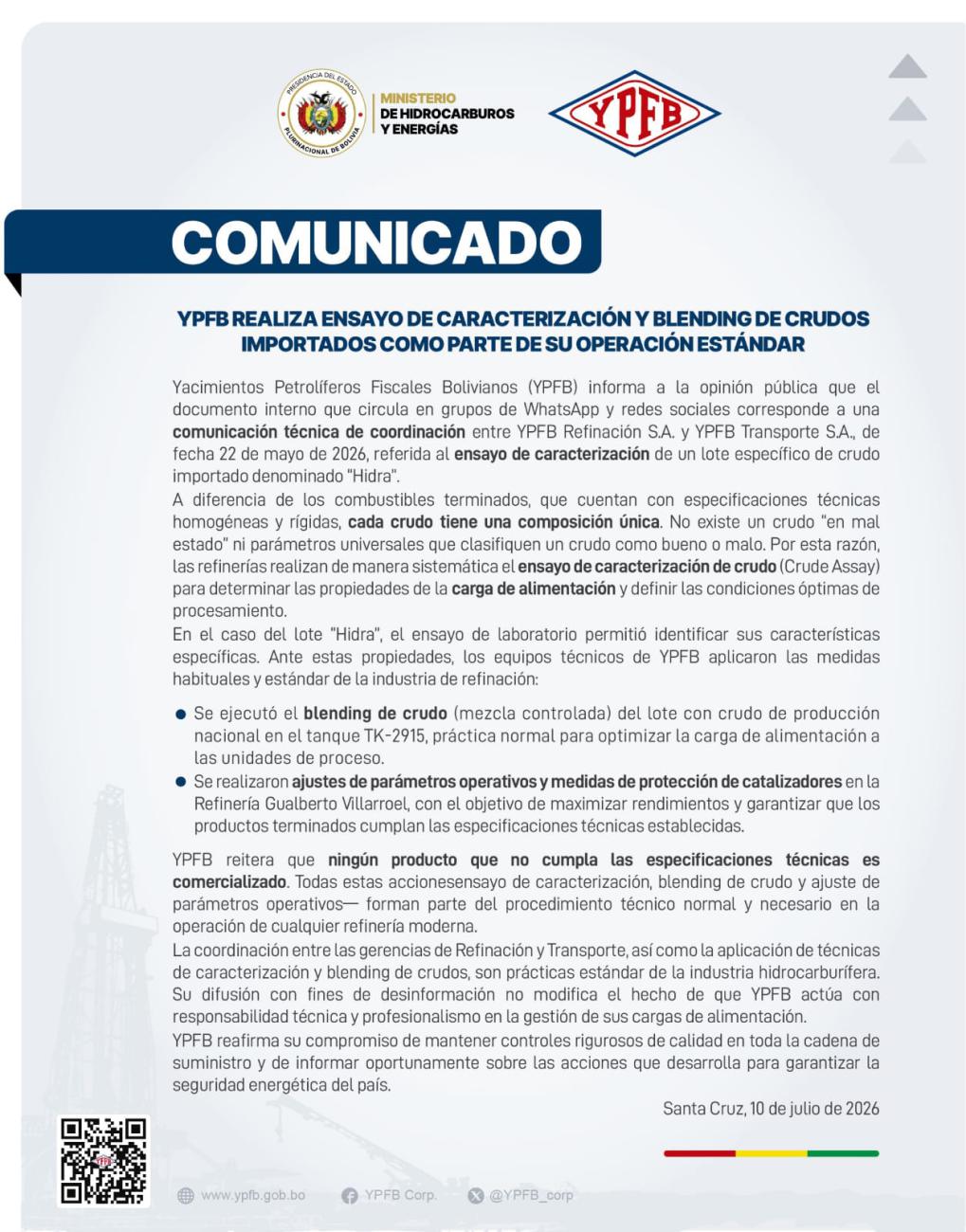Comunicado de YPFB