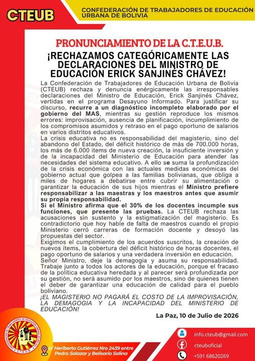 Pronunciamiento a rechazo propuesta Ministerio de Educación
