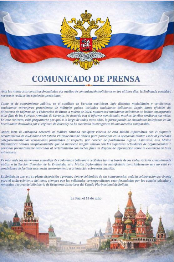 Embajada de Rusia “descarta de manera rotunda cualquier vínculo” con presunto reclutamiento de bolivianos para guerra