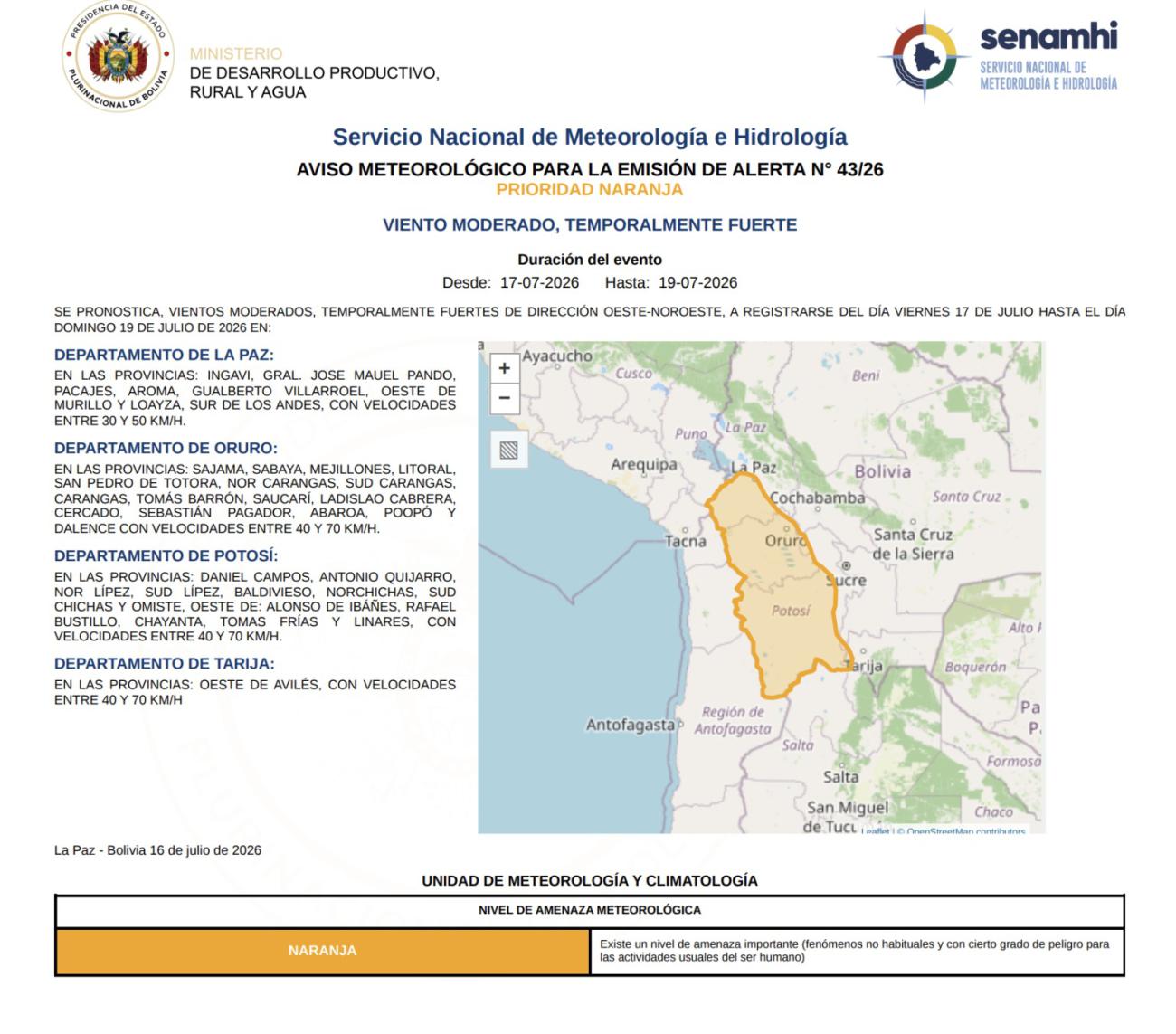 alerta naranja en La Paz, Oruro, Potosí y Tarija