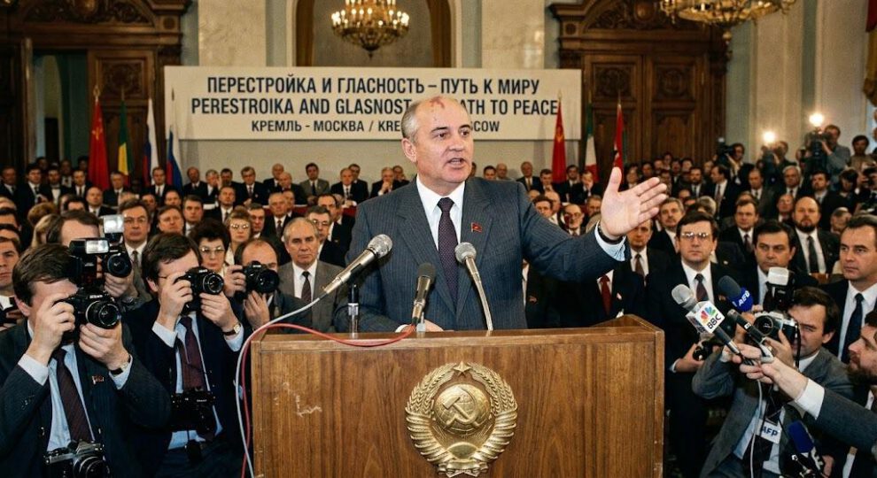 Mijaíl Gorbachov durante el anuncio de la Perestroika, el proceso de reformas que transformó la política global a finales de los años 80.