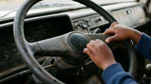 Manos de un Niño en el volante de un camión