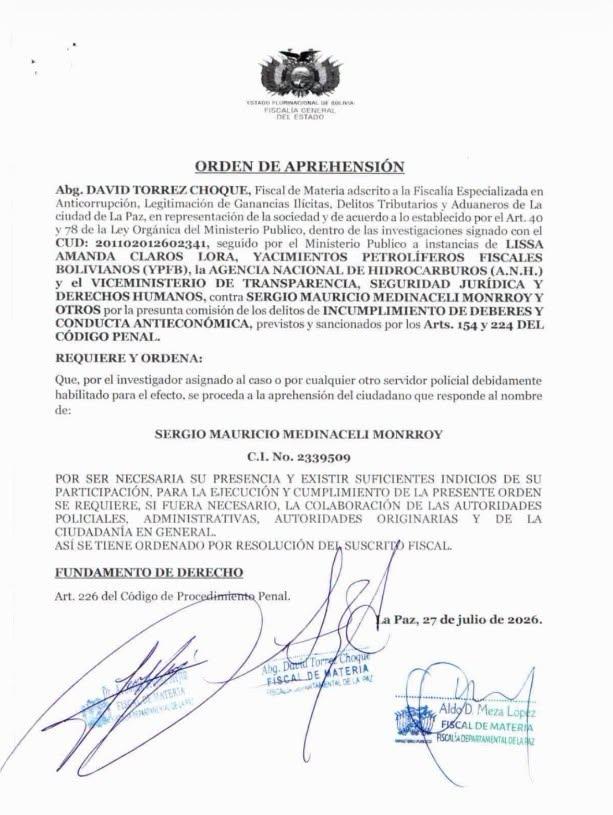 Orden de aprehensión contra exministro Medinaceli