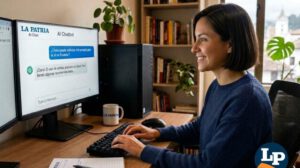 Una mujer trabajando en una computadora de escritorio
