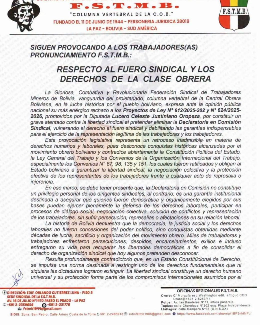 Pronunciamiento de la federación de trabajadores mineros de Bolivia