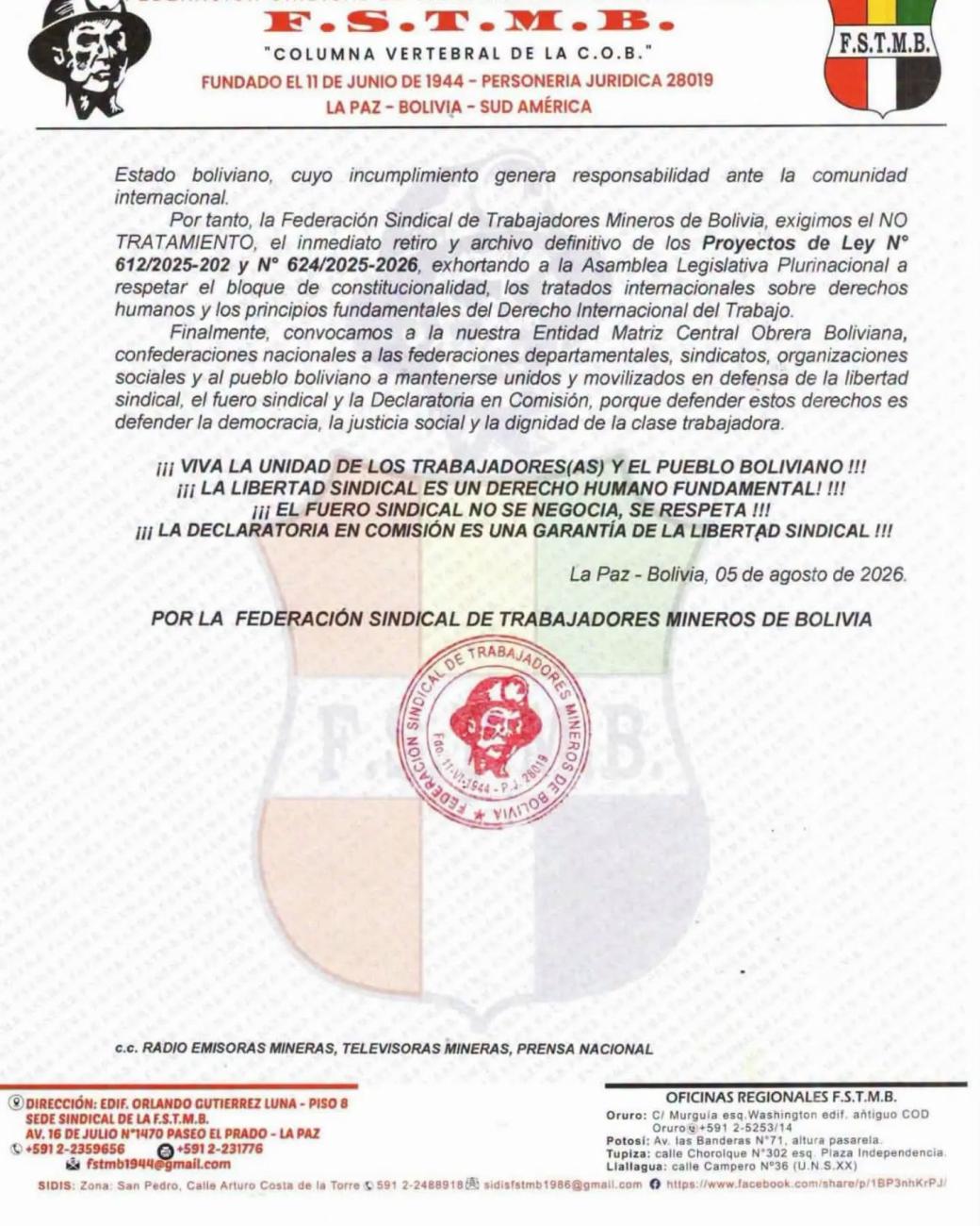 Pronunciamiento de la federación de trabajadores mineros de Bolivia