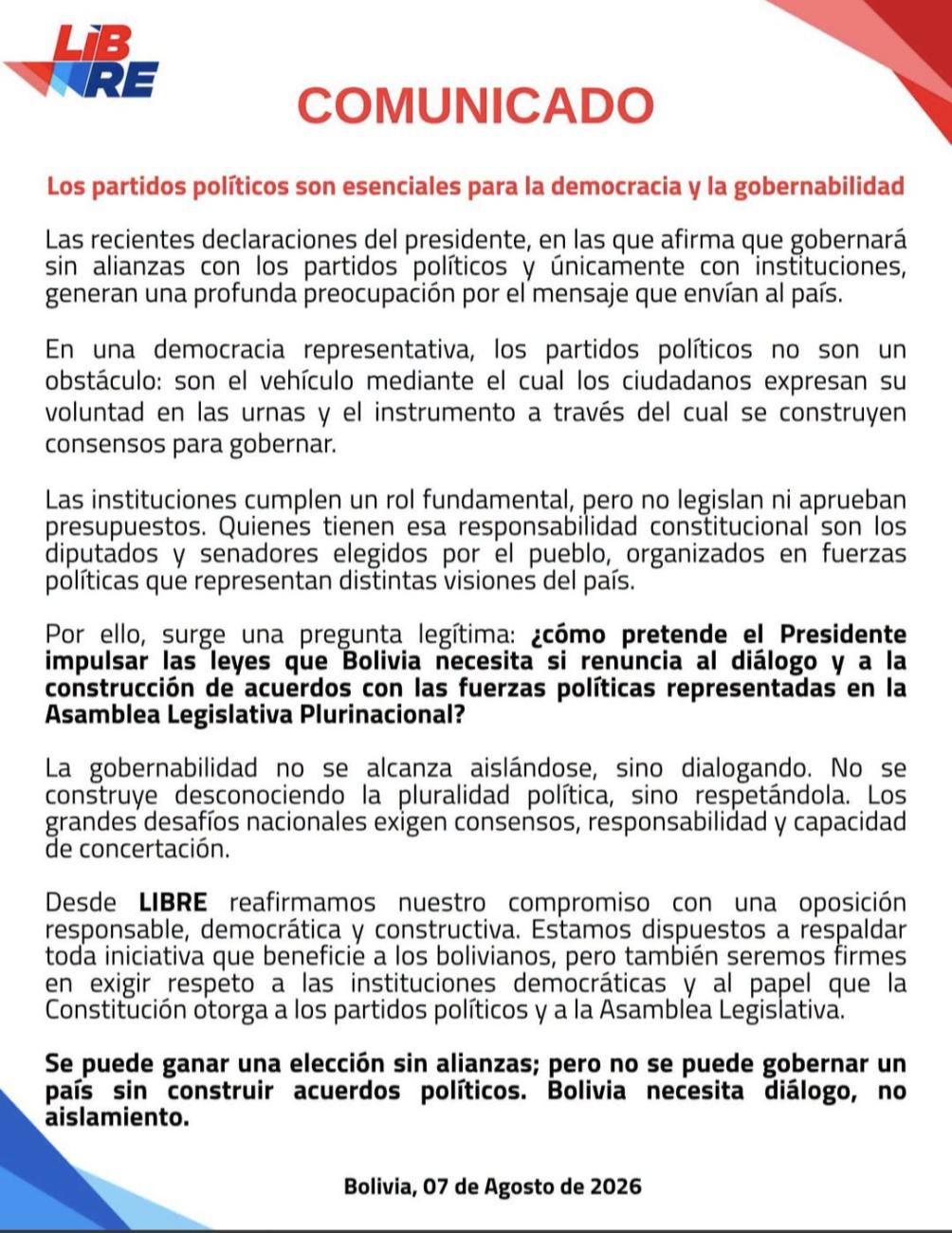 La alianza Libre hizo pública su posición mediante un comunicado