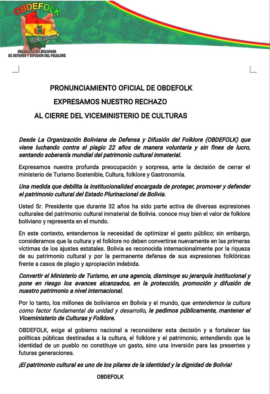 pronuciamiento tras cierre del ministerio de turismo