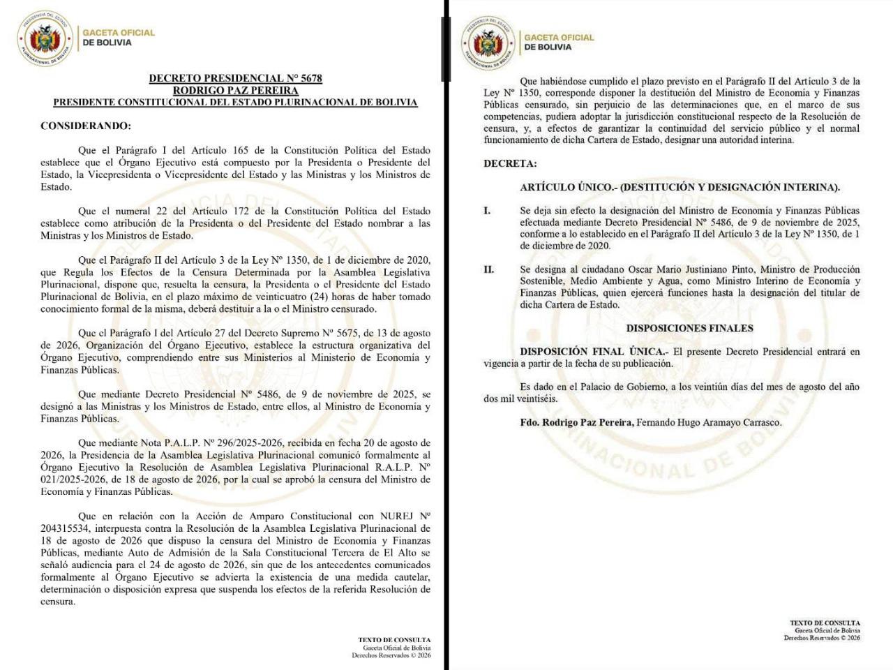 Hojas de un decreto de la presidencia