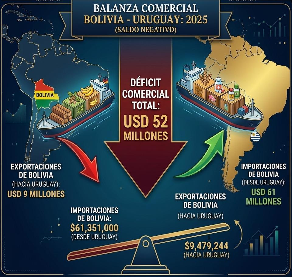 El comercio entre Bolivia y Uruguay mantiene un saldo negativo que superó los USD 52 millones en 2025.