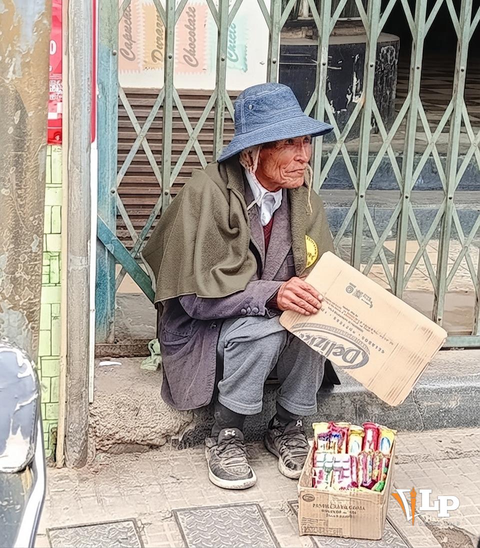 Vendedor ambulante sentado en una acera junto a su mercadería