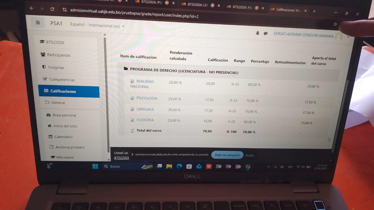 Vista de pantalla que muestra el registro de calificaciones del Programa de Derecho de la Universidad Autónoma del Beni “José Ballivián”