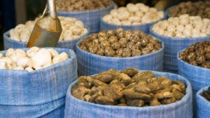 Variedad de chuño y tunta exhibidos en sacos