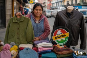 Una vendedora muestra un cárdigan verde