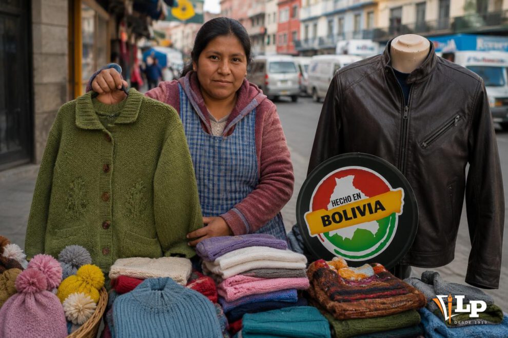 Una vendedora muestra un cárdigan verde