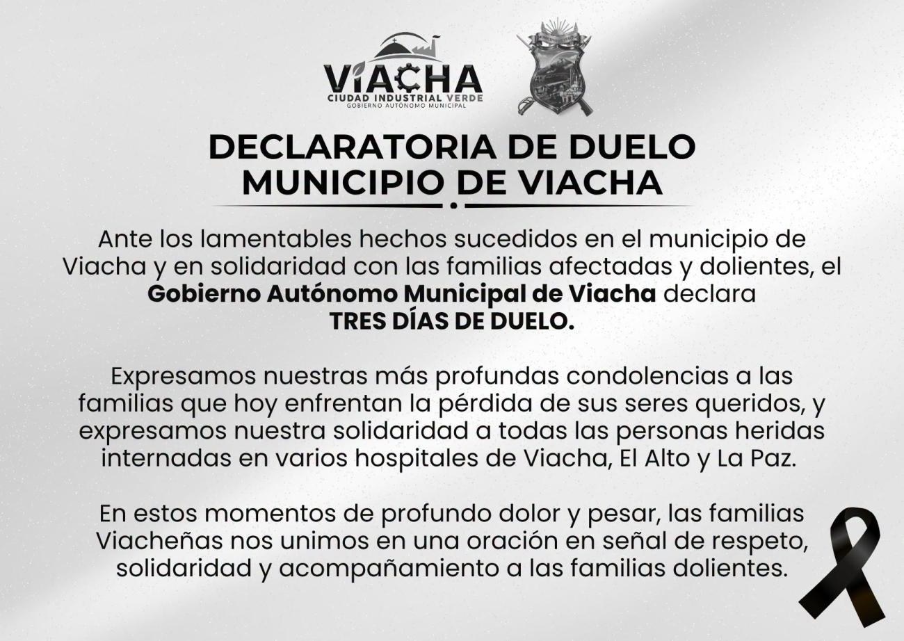 Comunicado oficial del Gobierno Autónomo Municipal de Viacha declarando tres días de duelo