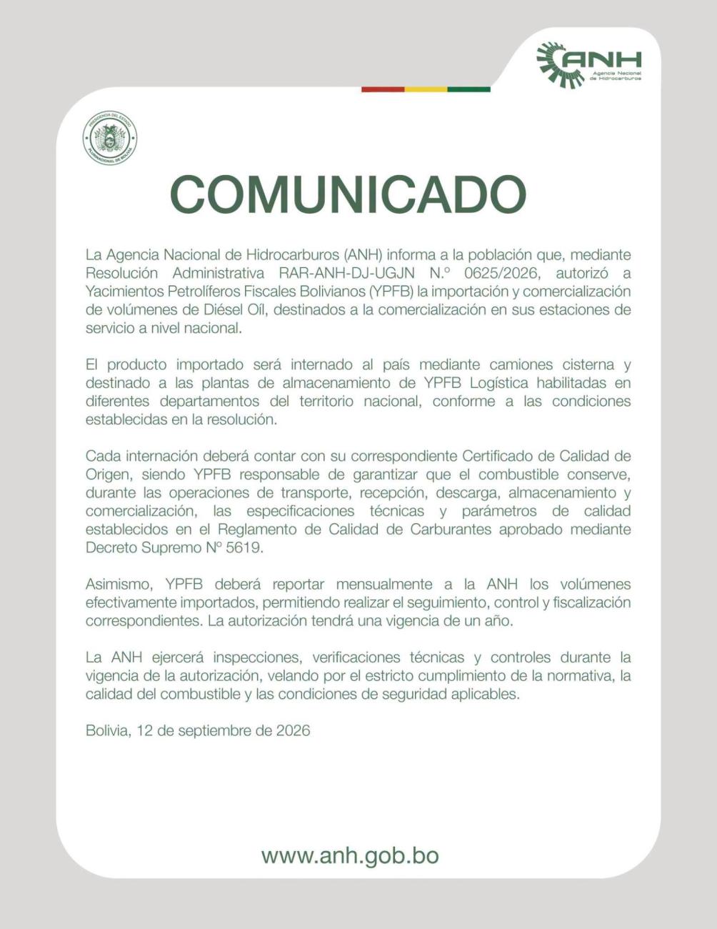 Comunicado de la ANH