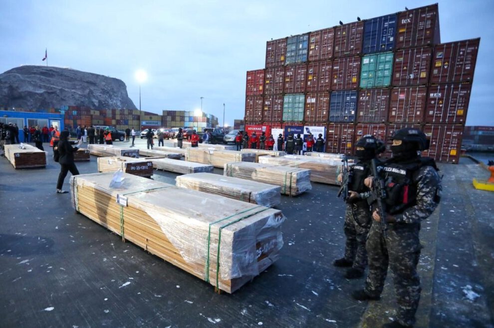 Parte de la madera incautada presentada por autoridades chilenas