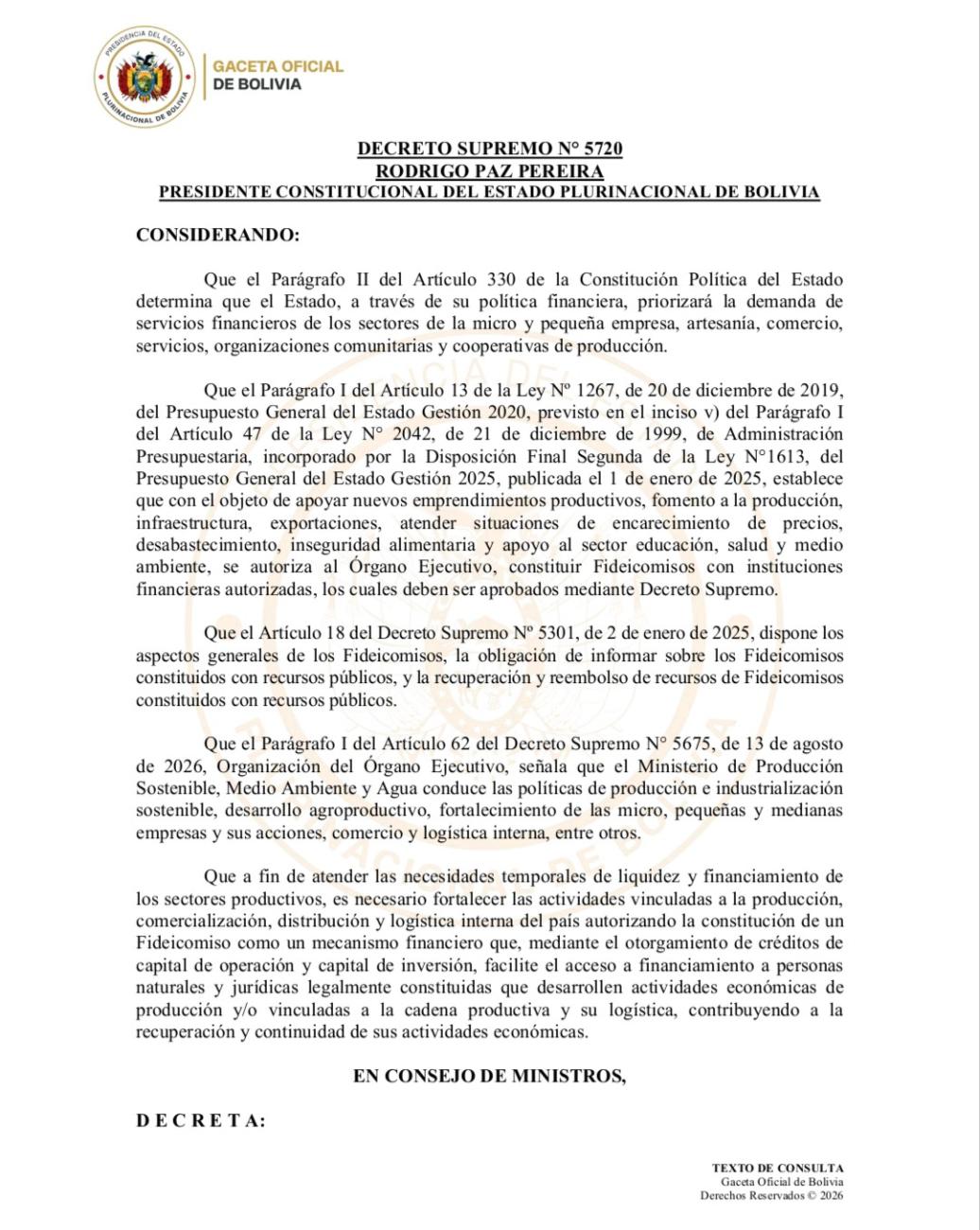 Documento oficial del Decreto Supremo 5720 publicado en la Gaceta Oficial de Bolivia