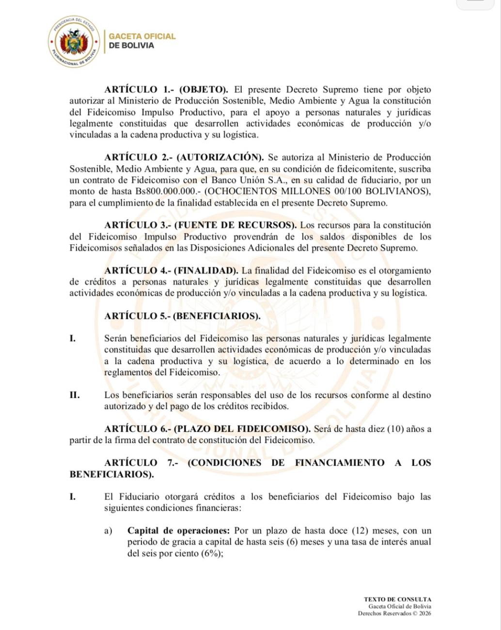 Decreto Supremo 5720 que crea el Fideicomiso Impulso Productivo por Bs 800 millones