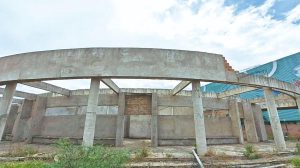 Entre los bloques de la construcción crece la maleza