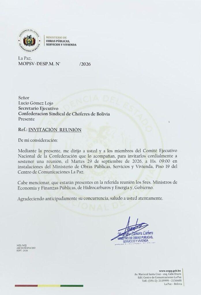 Nota oficial dirigida a Gómez
