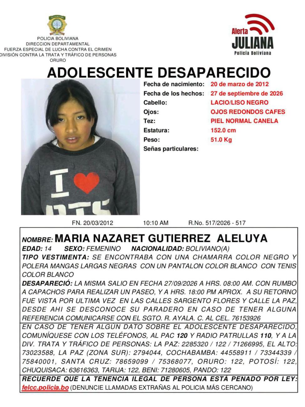 Imagen de la niña desaparecida