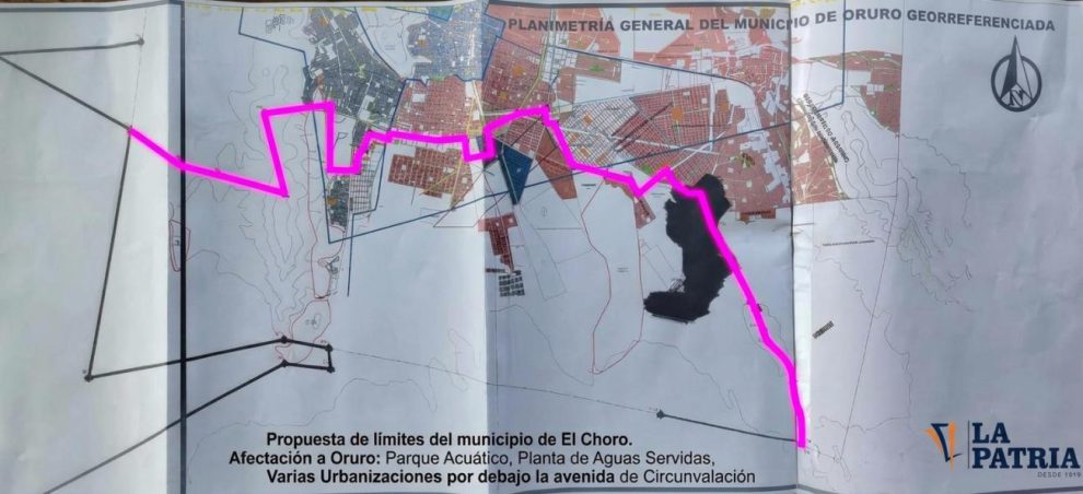 plano de Oruro con propuesta de límites hecha por El Choro