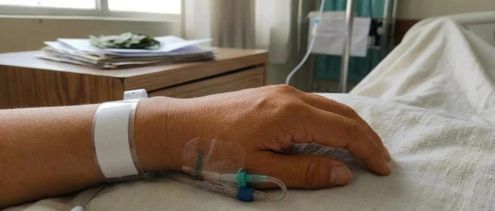 una mano en la camilla de un hospital