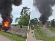 Un camión cisterna incendiándose