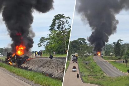 Un camión cisterna incendiándose