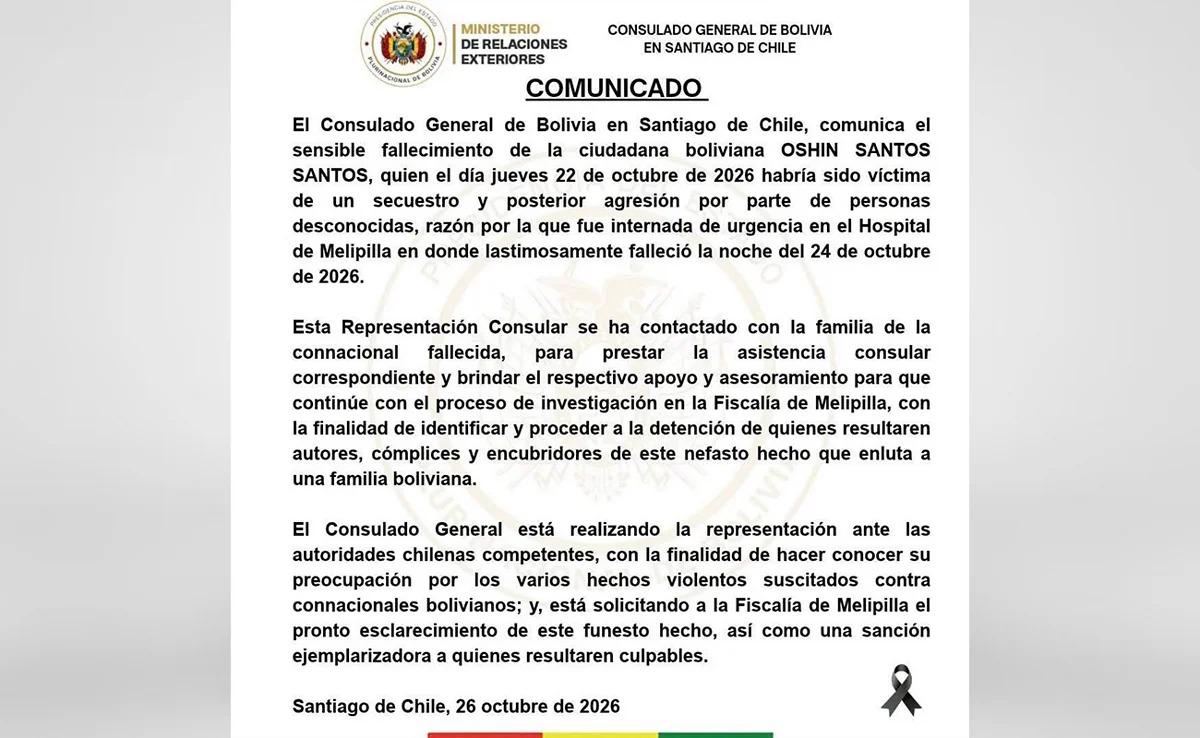 Comunicado del Consulado General de Bolivia en Santiago de Chile sobre el caso